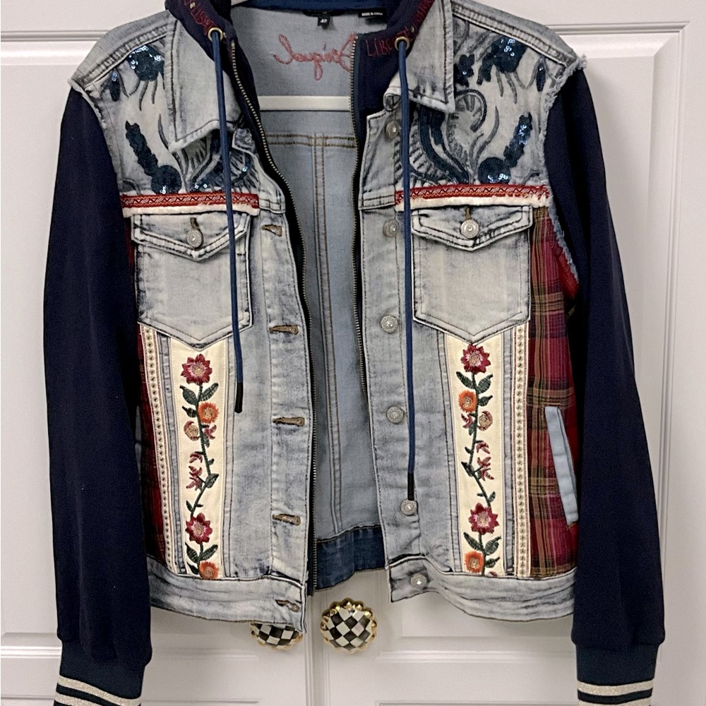 Desigual Denim Sweatshirt Hooded Embroidered Jacket Red, Blue Size 42 US 10